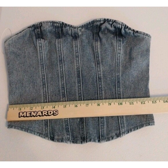 Pretty Little Thing Denim Corset Top Sz 2 Blue Stonewashed Distressed Full Zip - Picture 3 of 10